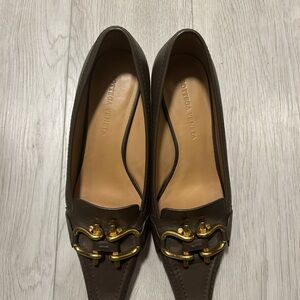 Bottega Veneta Women's Dark Brown Loafers with Gold Accents